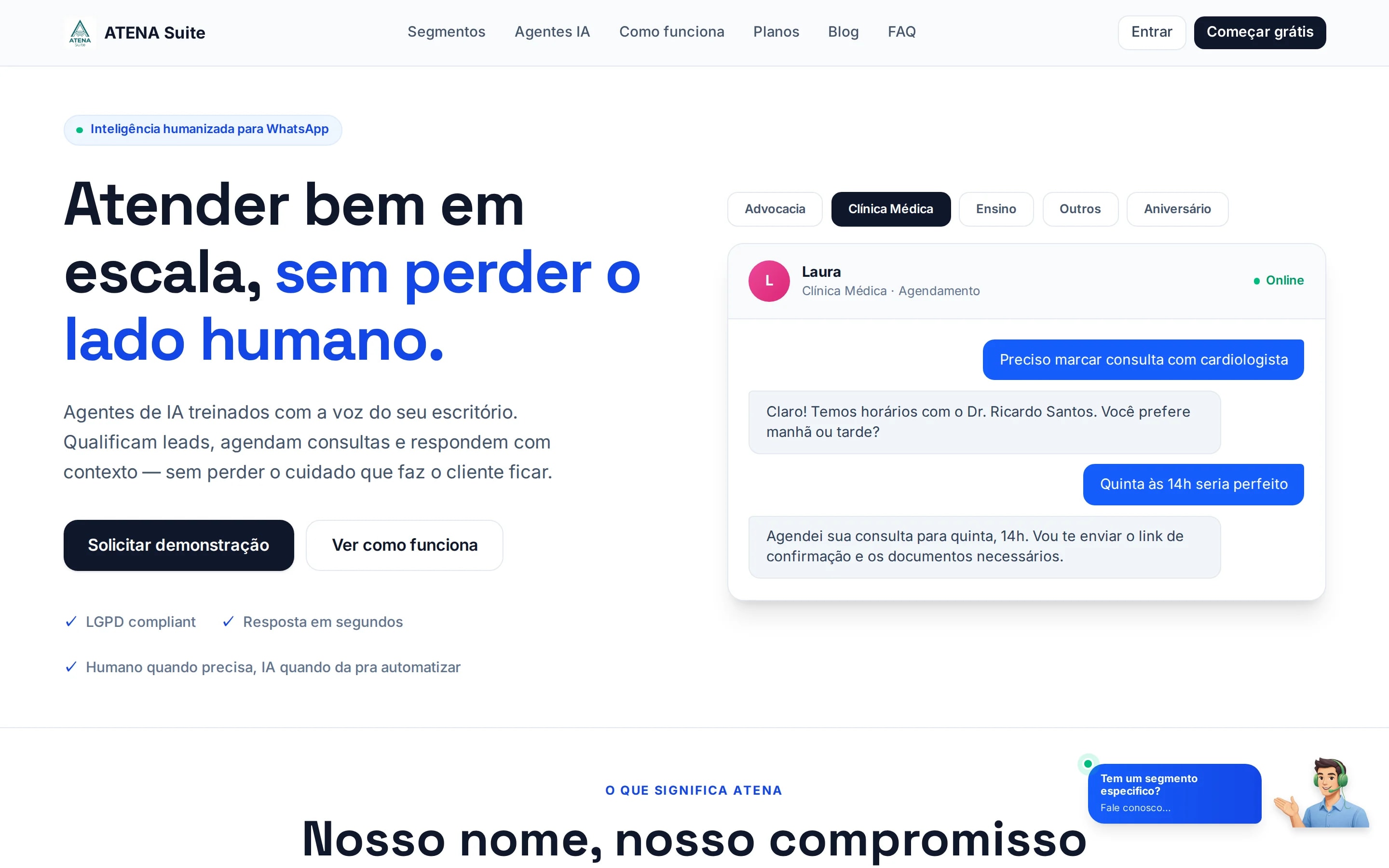 Página inicial do site ATENA Suite, agentes de IA para atendimento no WhatsApp